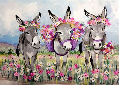 3 Flower Donkeys Baby Animal Art African Art Paintings Mixed Media