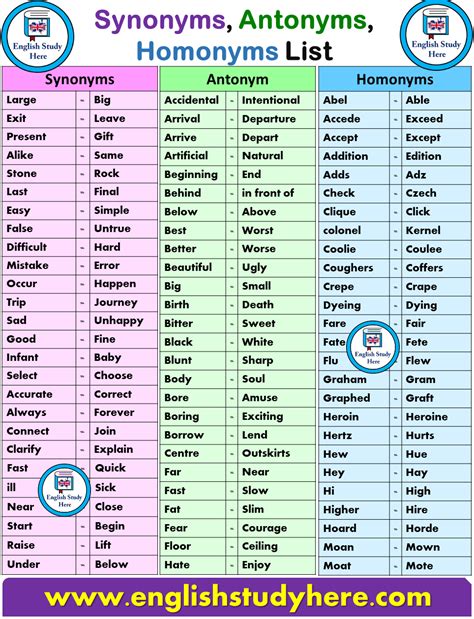 Synonyms Antonyms And Homonyms List 394487248608295909 English