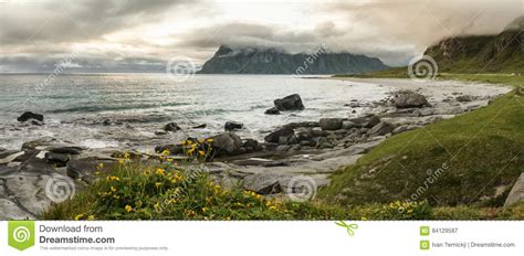 Arctic Landscape Cloudy Uttakleiv Beach Lofoten Islands Stock Image