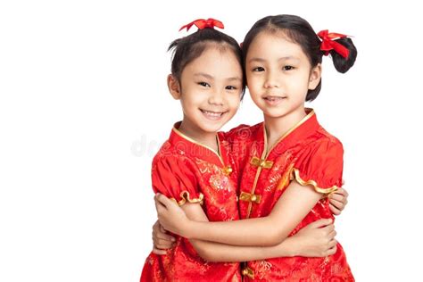 Asian Twins Girls In Chinese Cheongsam Dress Stock Image Image Of