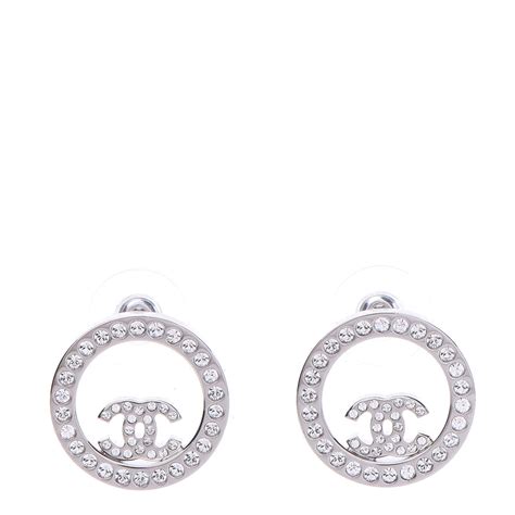 Chanel Crystal Cc Round Earrings Silver 582977