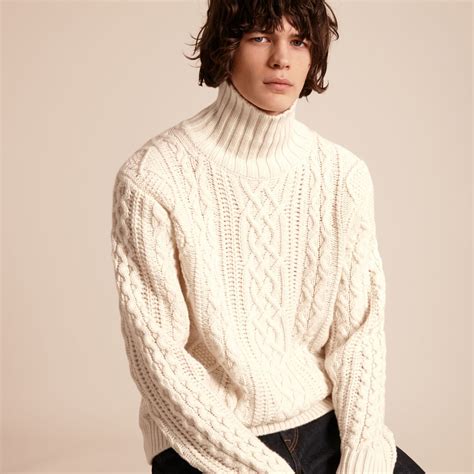 Funnel Neck Cashmere Cable Knit Sweater in Natural White - Men ...