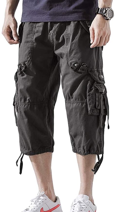 Dongd Mens Cargo Shorts Cotton 34 Loose Fit Below Knee Capri Cargo