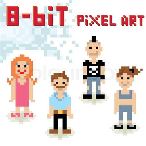 Cute 8 Bit Pixel Character Set Of Casual People Stock Vector Colourbox