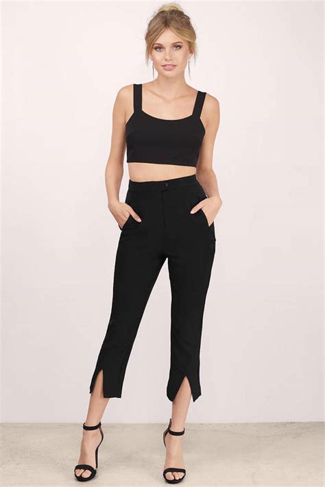 Black Pants Front Slit Pants High Waisted Pants Black Trousers