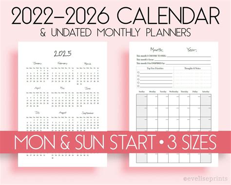 2022 2023 2024 2025 2026 Calendar Monthly Overview Etsy Undated