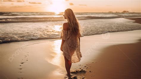 Blonde Girl Walking Along The Beach At Sunset Background Beach Pictures Ideas Background Image