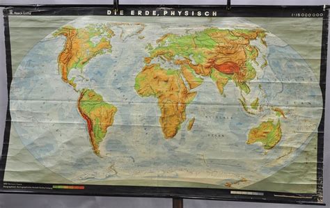 Vintage Physical World Map Rollable Poster Pull Down Wall Chart