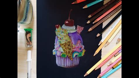 Drawing Cupcake Using Colored Pencils On Black Paper Time Lapse Youtube