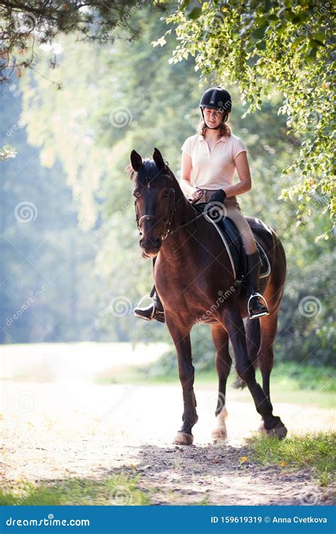 Young Girl Riding Horseback At Early Morning In Sunlight Stock Image