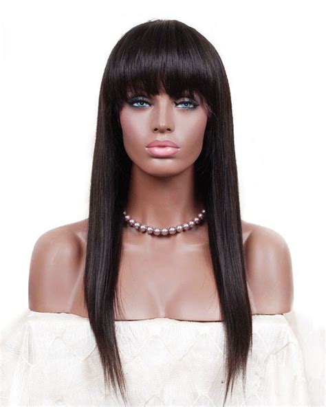 silky straight synthetic hair glueless lace front wigs with bangs fringe natural black 20 30inch