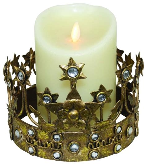 gold crown pillar candle holder tabletop metal jeweled princess queen transitional