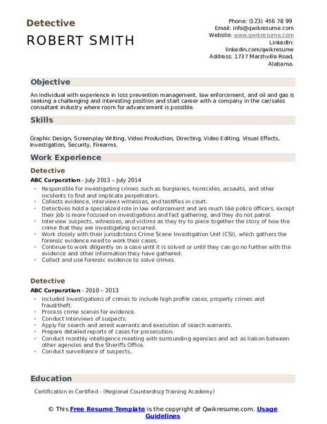 This handout contains resume examples that will help you get started. Detective Resume Samples | QwikResume
