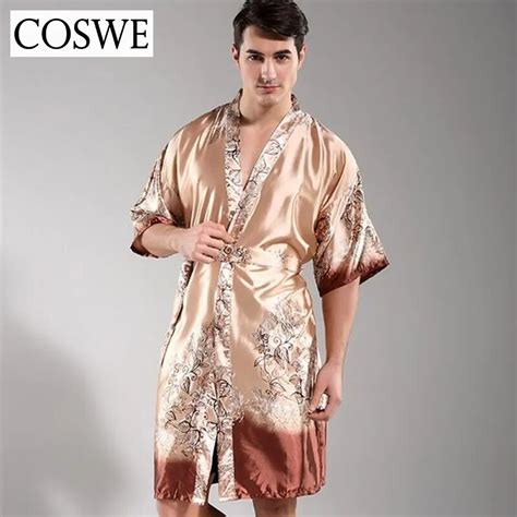 Coswe New Men Satin Silk Robes For Mens Bathrobe Printed Pijamas Masculinos Dressing Gown Male