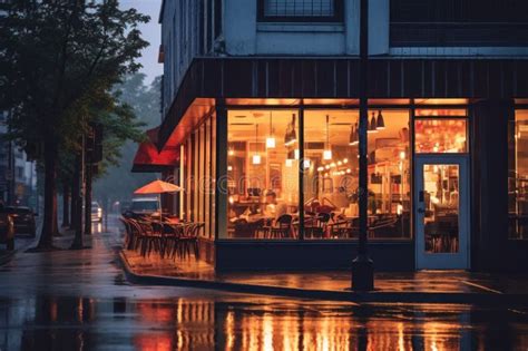 People Sitting In Coffee Shop At Night On Rainy Evening Exterior Of