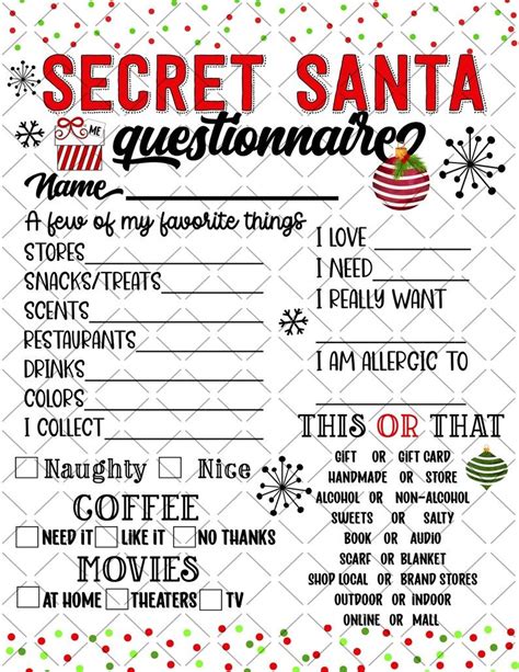 Printable Secret Santa Questionnaire Printable Shopping List Etsy