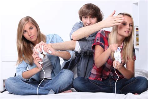 Young People Playing Computer Games Stock Image Image Of Landscape