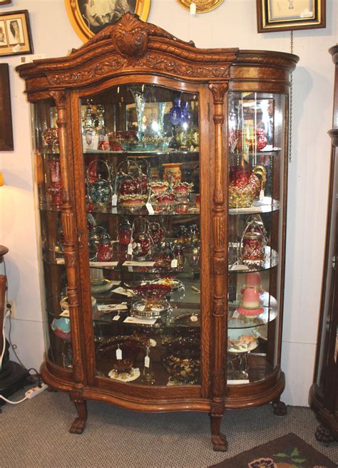 Bargain John S Antiques Antique Large Oak Curved Glass China Curio Cabinet Glass Shelving
