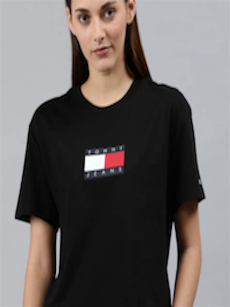 Buy Tommy Hilfiger Women Black Printed Round Neck Pure Cotton T Shirt