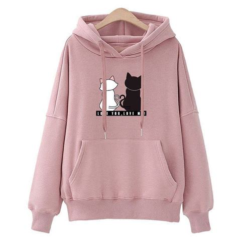 Harajuku Women Hoodies Cute Cat Printed Hooded Sweatshirt Tunic Kawaii Pink Tracksuits Cartoon