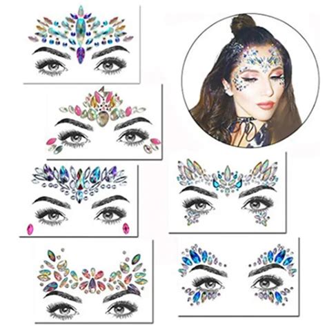 6 Pcs Adhesive Temporary Tattoo Stickers Face Jewels Festival Party