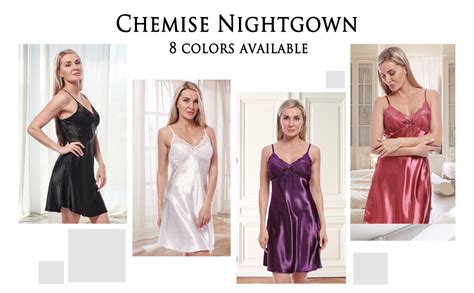 Bellismira Womens Satin Chemise Nightgowns Sexy Sleepwear V Neck Spaghetti Strap Silk Lace