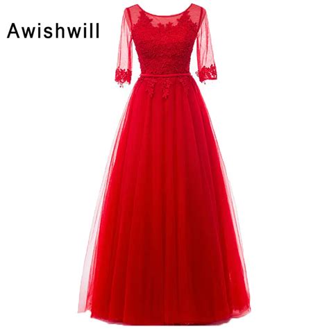 Real Photo Red Party Dress Long A Line Floor Length Lace Tulle Graduation Dress With Half