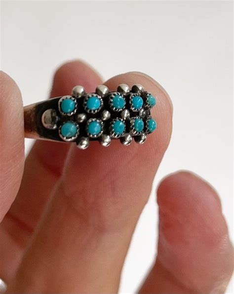 Zuni Turquoise Ring Band Snake Eye Double Row Green Turquoise Sterling
