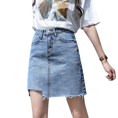 plus size summer jeans skirt women high waist irregular edges denim skirts female mini faldas