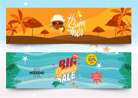 Summer Banner Sets Sale Travel Theme Colorful Design Vectors Graphic
