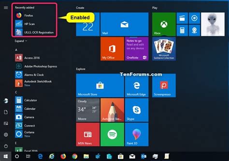 Enable Or Disable Recently Added Apps On Start Menu In Windows 10