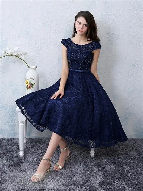 Navy Blue A Line Lace Cocktail Dresses Sequins Beading Short Sleeve