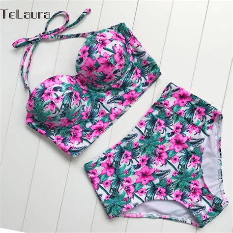 Promo Offer Sexy Floral Print High Waist Swimsuit 2018 Bikini Push Up Swimwear Women Vintage
