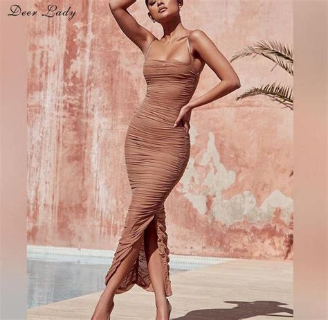 Summer Dress Women Long Club Elegant Bodycon Maxi Dress Slit Strap Sexy Mesh Organza Dress Brown