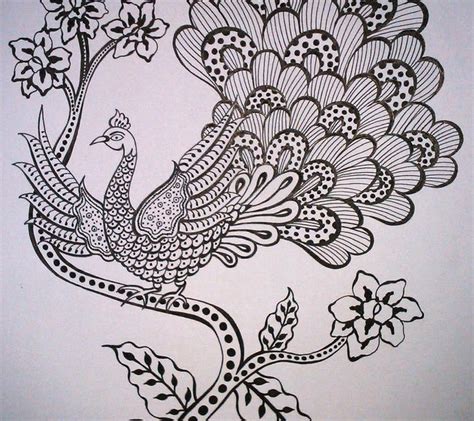 Gambar Sketsa Batik Burung Merak Terbaru