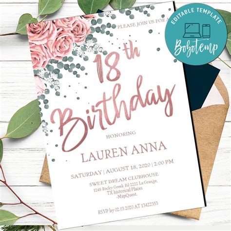Editable Rose Gold 18th Birthday Invitations Instant Download Bobotemp