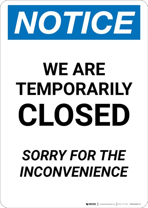 notice we are temporarily closed sorry for inconvenience portrait wall sign
