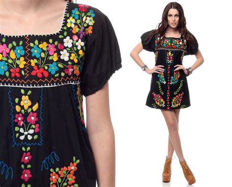 embroidered mexican dress black hippie boho 70s mini floral