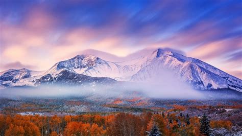 Pine Trees Landscape Long Exposure Fall Trees Snowy Peak Nature