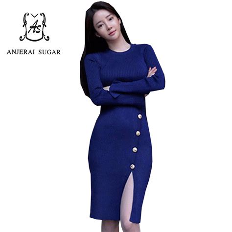 Autumn Winter Women Knit Dress Long Sleeve Button Sexy Slit To The Thigh Package Hip O Neck