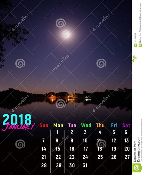 Calendar January 2018 With Full Moon Night Scene Stock