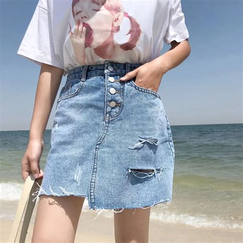 Kymakutu Light Colored Irregular Hole Denim Skirts For Women A Line High Waist Sexy Mini Jeans