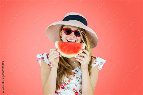 Caucasian Woman Eating Watermelon On Studio Stock Foto Adobe Stock