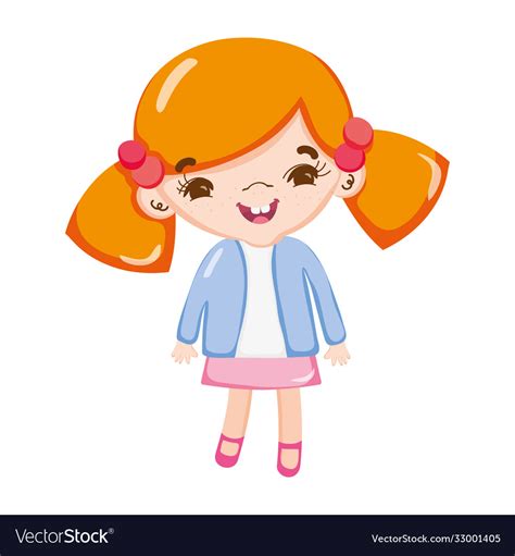 Little Cute Girl Happy And Pony Tails Hair Cartoon
