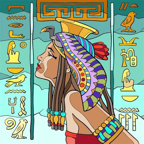 an egyptian woman with long dreadlocks and headdress in front of the egyptian symbols