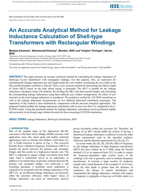 Pdf An Accurate Analytical Method For Leakage Inductance Calculation
