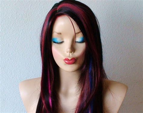 Spring Special Black Hair With Burgundy Pink Blue Stripes Etsy