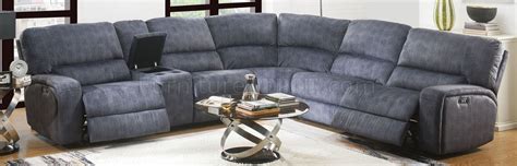 This leather and fabric sectional sofa based on durable wooden frame includes decorative nailheads for more aesthetics. Saul Power Motion Sectional Sofa 53985 in Blue Denim by Acme