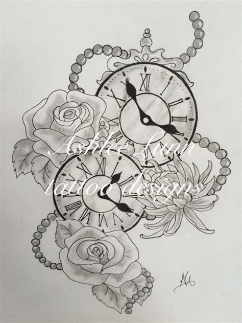 Its a bold look that you are sure to love if you are looking for a badass tattoo design. Black and white clocks with roses, chrysanthemums and ...
