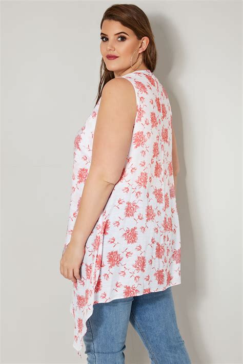 White And Pink Floral Print Sleeveless Top With Asymmetric Front Plus